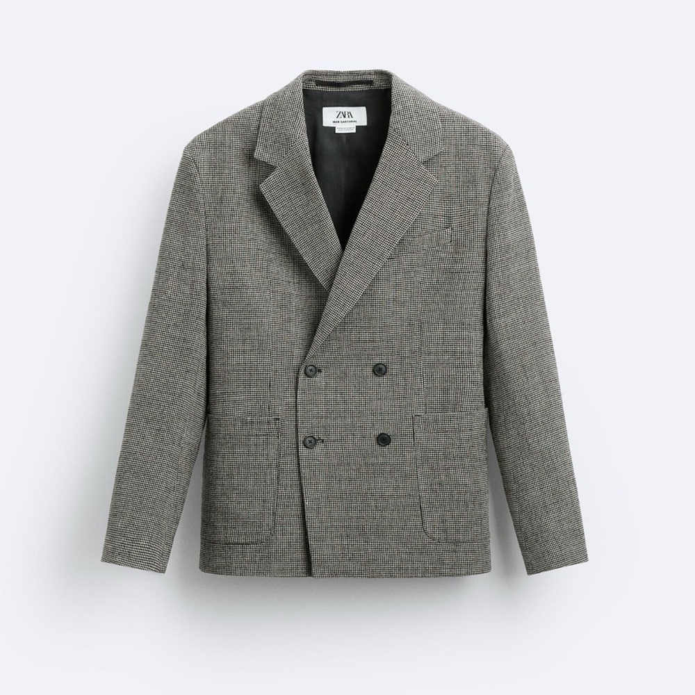 ZARA LINEN - WOOL BLEND HOUNDSTOOTH BLAZER